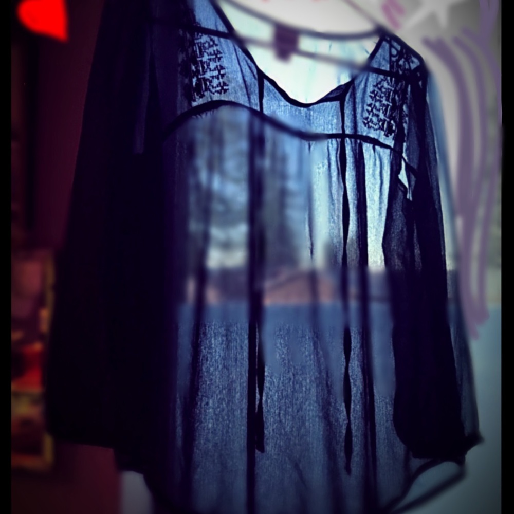 Sheer black boho L peasant top with cuffed sleeves